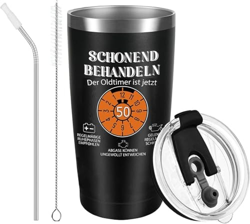 QZYGWCS Geburtstag Geschenk Mann Thermobecher, Der Klassiker wird 50 – Lustiges Geschenk für Papa, Kollege & Freund, Isolierbecher To Go mit Deckel, Strohhalm & Reinigungsbürste