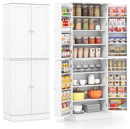 GIANTEX Küchenschrank aus Holz, Küchenbuffet Buffetschrank, Esszimmerschrank, Hochschrank mit 16 Türregalen & 6 Verstellbaren Regalen, Vorratsschrank Stehend, Mehrzweckschrank, 60x35x166,5 cm, Weiß