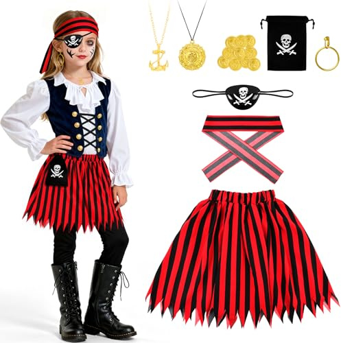 AOOWU Piratutklädnad för barn, 8 delar piratkostymset med huvudduk och pirattillbehör, piratutklädnad för flickor till karneval, Halloween, jul, födelsedagsfest, cosplay