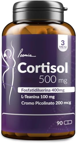 CORTISOL Abbassare il Cortisolo 500mg Fosfatidilserina 400mg + L-Teanina 100mg + Cromo Picolinato Integratore Memoria e Concentrazione 90 Capsule Poemia