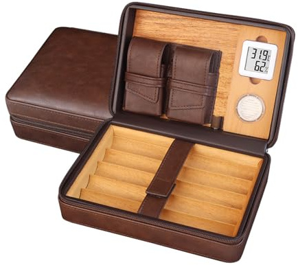 Cigarretui, cigarrförvaringslåda, resehumidor, 1 st fodral med elektronisk termometer, fuktkräm, verktygsficka i läder(Brown)
