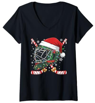 Donna Casco da Hockey su Ghiaccio di Babbo Natale, per Uomini, Ragazzi, Ragazzi e Adolescenti Maglietta con Collo a V