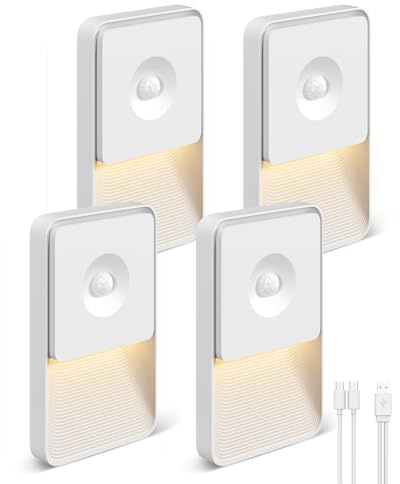 GOODEA Rechargeable Motion Sensor Night Light Dimmable Stair Lights, 3000k | 70 Days Runtime, Magnetic Stick on LED Motion Sensor Lights Indoor for Bedroom, Hallway, Wardrobe, Children's Room (4 Pack)