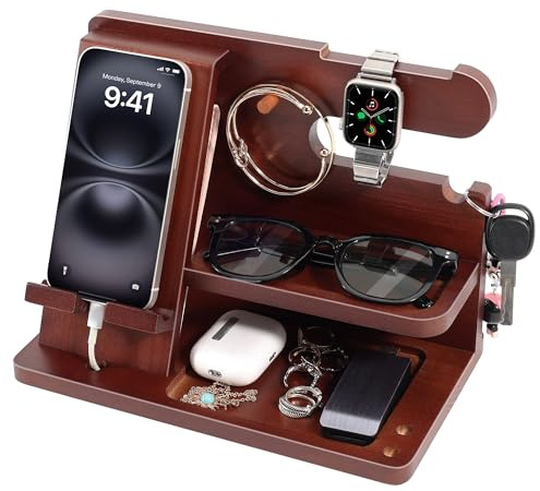 Oraich Docking station in legno per uomini, comodino e scrivania, supporto di ricarica per telefono, orologio, portafoglio, chiavi e oggetti essenziali (con slot per cavi)