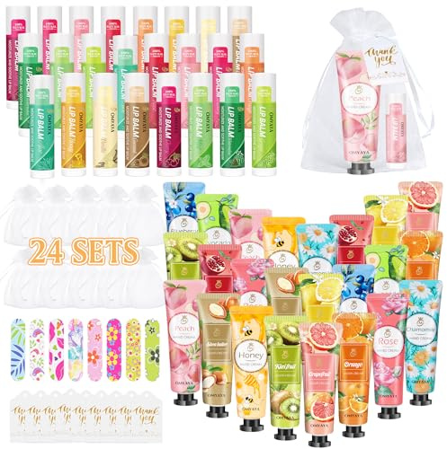24 set di crema per le mani, regalo per donne, 120 pezzi regalo di Natale con creme per le mani, balsamo per labbra, mini lime per unghie, sacchetti in organza e biglietti di ringraziamento, piccolo