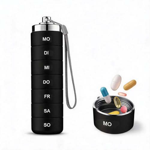 Tablettlåda 7 dagar, 1 x veckoläges tablett organiserare, resmedicinlåda, pillerask i metall, fack vattentät daglig pillerdosa för vitaminer & fiskolja, första hjälpen-stil (svart)