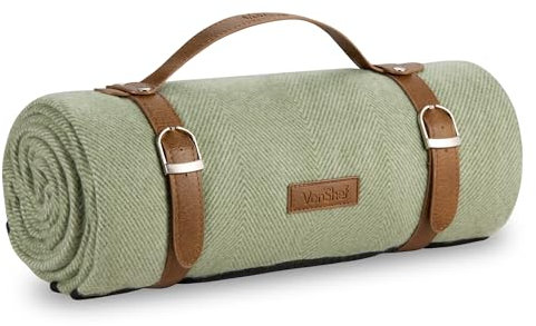 VonShef Picnic Blanket, Green Herringbone Outdoor Rug with Waterproof Backing, 6 Person Weatherproof Picnic Mat with Faux Leather Handle, Water Resistant Camping Accessories, 147x180cm