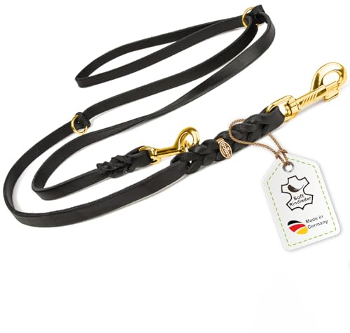 Hundeleine Leder 3m große Hunde Fettlederleine [3-Fach Verstellbar] Lederleine geflochten – robuste Leine Hund mit Messingbeschlägen, Führleine Hund & Freihandleine, Dog Leash Schwarz 20mm