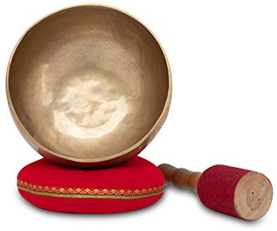 XDrum Omshanti Klangschale 17 cm Komplett Set, Handgemacht in Indien | Material: Messinglegierung, Durchmesser: ca. 17 cm, Gewicht: ca. 900 g, Farbe: gold, Kissen, Runde Form, Durchmesser: 11 cm