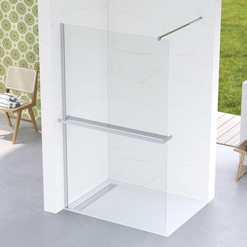 Walk in Duschglas 110x200 cm Duschwand Glas für Begehbare Dusche mit Handtuchhalter Duschablage Duschregal Badregal ESG Sicherheitsglas 8 mm klar NANO beschichtet Stabilisator Chromoptik