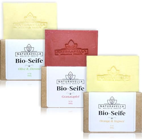 NATURAVELLA Premium 3 x BIO SEIFE Set I All-In-One Duschseife, Handseife, Körperseife & Haarseife [Premium Qualität], ideal als Geschenk I Naturseife Vegan I Kernseife Natur 3x100g Seifenstück
