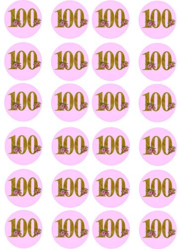 cdb 24 100th Birthday Pink and Gold Toppers Iced / Icing Cupcake Topper Edible Fairy Cake Bun Frosting Round