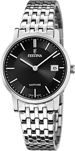 Festina Swiss Made Damenuhr Analog aus Edelstahl 316l Silberfarben | Quarzwerk, Robustes Saphirglas, Wasserdicht 5 ATM, Kalender F20019/3, Classic Steel