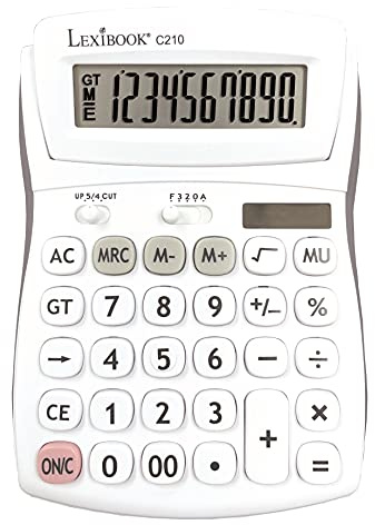 Lexibook, Calculatrice de Bureau 10 Chiffres avec Écran Inclinable, Fonctions Basiques, mémoire et Arrondi, Larges Touches pour Travail, Scolaire, Maison, Solaire & Piles, Blanche/Grise, C210