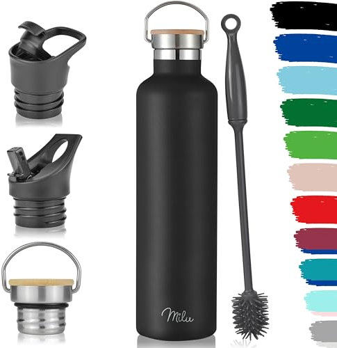 Milu Edelstahl Trinkflasche 350ml 500ml 750ml 1000ml (+3 Deckel) Thermosflasche mit Strohhalm, Isolierte Wasserflasche Auslaufsichere Isolierflasche doppelwandig, Kohlensäure geeignet (Schwarz 1000ml)