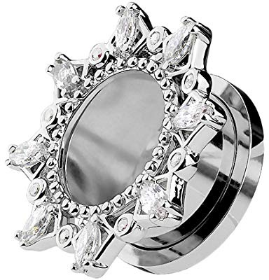 Taffstyle Flesh Tunnel Ohr Piercing Ear Plug Ohrpiercing Edelstahl Schraub Vintage Tribal Motiv mit Glitzer Kristall Steinen am Rand Silber 10mm
