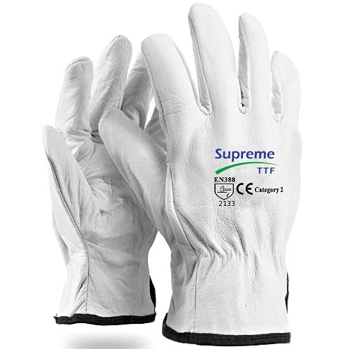 Supreme TTF Lorry Drivers Gloves Genuine White Leather Gloves Driving Hand Safety Work Safety DIY (Pack of 5 Pairs) (Medium)