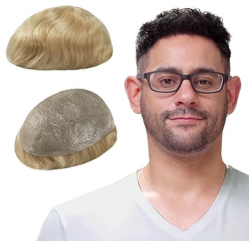 Lordhair Toupet Echthaar Männer,Perücke Männer,0,03 mm Dünne Leder Basis 20 * 25 CM Leichtes Haarersatzsystem Mittlerer Dichte,Toupet Natürlich eng anliegend, Elegant und Schön