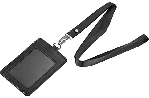 sourcing map 11x7,4cm Vertikal PU ID-Kartenhalter mit Niete abnehmbaren Hals Lanyard Schwarz