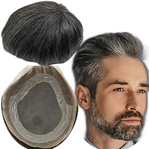 Yanahair Protesis Capilar Hombre Tupé Sistema de Encaje de Pelo Humano 100% Europeo Para Hombres Encaje Francés Fino con PU Alrededor(#1B40 negro y gris, 8x10)