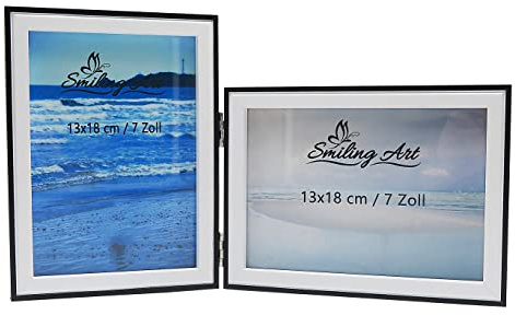 Smiling Art | Doppel Bilderrahmen | 13x18 cm aus MDF Holz mit Glasscheibe | klappbarer Fotorahmen für 2 Fotos | zum Aufstellen oder Aufhängen | Querformat und Hochformat (Schwarz & Weiß, 2x13x18 cm)