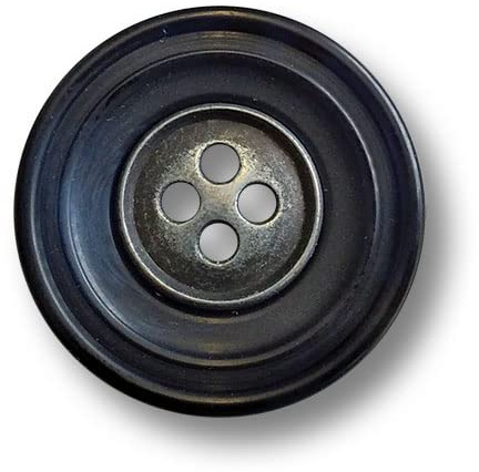 5er Set dunkelblau-schwarze Kunststoffknöpfe mit Metallmitte und vier Löchern. Ø: ca. 25mm