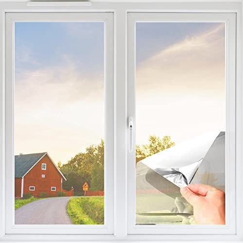 Fensterfolie von innen Durchsichtig von aussen Blickdicht,Sonnenschutzfolie Fenster innen UV-Schutz Reflektierende,Spiegelfolie Selbstklebend für Büros und Wohnungen (Silber, 90 x 200cm)