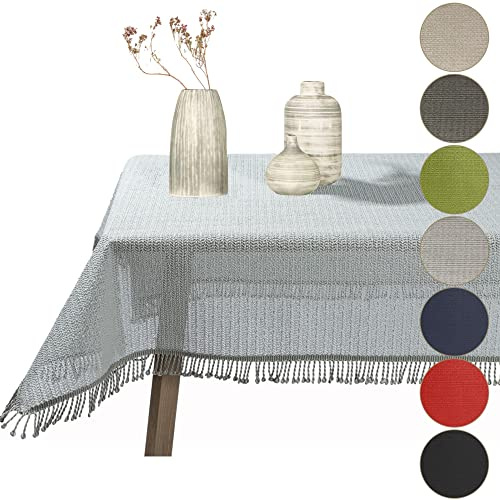 Cleanlevel EST 2016 Tischdecke Outdoor Wetterfest Abwischbar - Gartentischdecke mit Fransen rutschfest aus PVC Weichschaum, Tischschutz für Garten, Balkon, Terrasse (Hellgrau, 110x140cm (BxL))