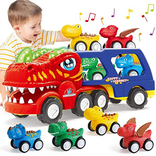 INSTOY Toddler Truck Toys for 2 3 4 5 Year Old Boys Gifts, 5-Pieces Dinosaur Car Toys for Boys Age 2 3 4 5 6, Monster Truck Toy for Kids 2-4, Pull Back Cars for Toddlers Girls Age 2-5 Birthday Gifts