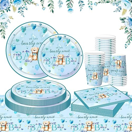 Ours en Peluche Thème Party Vaisselle,Lot de 81 Pièces Vaisselles Jetables en Papier pour 20 Invités,Tasses Serviettes de Table Nappe de Table, pour Anniversaire Décoration de Fête