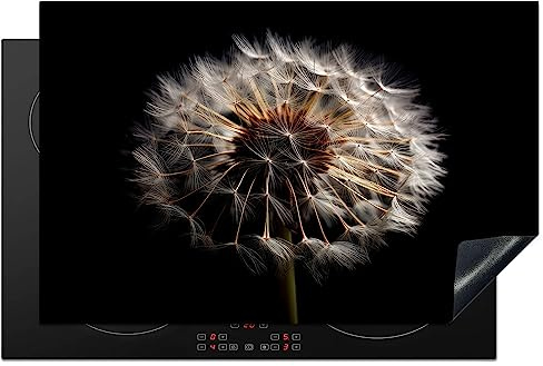 KitchenYeah© Herdabdeckplatte Einteilig Ceranfeld Abdeckplatte Küche Deko | 81x52 cm - Ceranfeldabdeckung Herdabdeckung Induktionsmatte Blumen - Natur - Löwenzahn - Schwarz und Weiß - Pusteblume