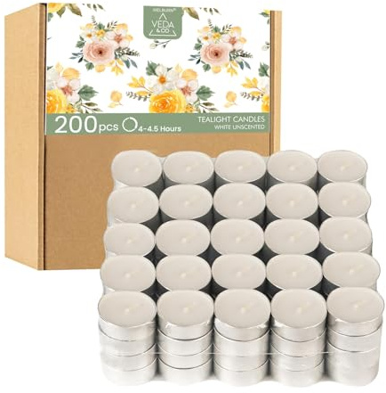 Welburn Veda&Co™ Tealight Candles - Pack of 200, 4 to 4.5 Hours Burn Time, Smokeless Unscented Tea Light 100% Fully Refined Paraffin Wax, Dripless, Christmas, Weddings Home Decor, Shabbat, Emergencies