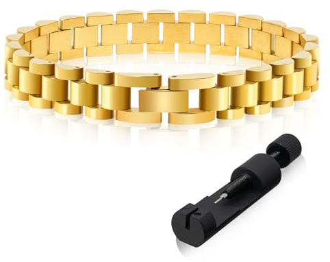 Yowivon Chunky Goldarmband Verstellbares Uhrenarmband Armspange Armbänder Nicht anlaufend Rostfreier Stahl Goldgefüllt Modeschmuck für Frauen Männer