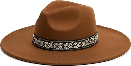 Fashion You Want Damen Filzhut Fedora Hut breite Krempe Festival Karneval OutfitBoho Band Fedora Breite Krempe Reisen Cowboy Hut Filz Rancher Wollhut Vintage Panama Hüte (Blätter Coffee)