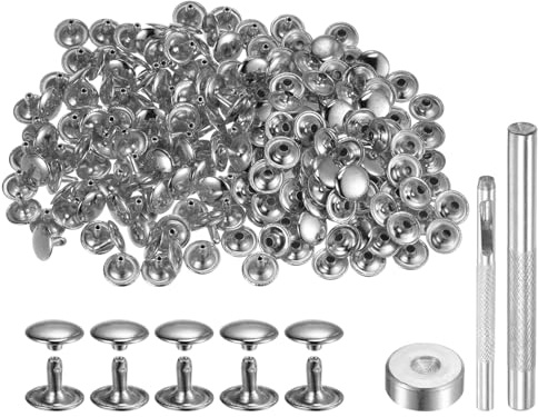 QUARKZMAN 100 Set Rivetti in Pelle 10 x 12mm Elementi Fissaggio Borchie Rivetto a Doppio Cappuccio Metallo 3Pz Montaggio Chicago per Borse Scarpe Pelle Riparazioni, Tono Argento