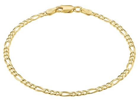 KISPER Pulsera de cadena de eslabones Figaro de oro de 18 quilates sobre plata de ley 925 italiana de 3 mm con corte de diamante macizo, para hombres y mujeres con cierre de langosta, fabricada en