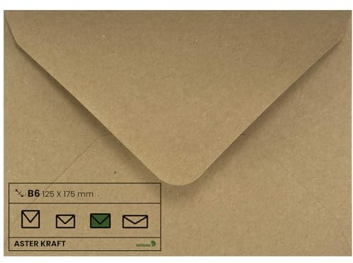 Netuno 100 Umschläge Kraftpapier Natur-Braun DIN B6 12,5x17,5 cm | 100g Aster Kraft · hochwertige sandbraune Kuverts aus recyceltem Papier für Hochzeit, Einladungen, Grußkarten & Weihnachten
