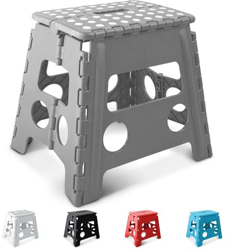 KEPLIN 13 Inch Heavy Duty Folding Step Stool | Non-Slip Foldable Footstool for Toddlers, Children & Adults | Portable, Lightweight Plastic Footstep w/Carrying Handle for Indoor or Outdoor (Grey)