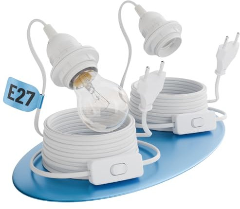 greate 2x Douille E27 avec câble et interrupteur blanc 5 mètres - Socle ampoule E27 avec prise max. 60W 250V - Douille avec interrupteur, suspension luminaire, porte douille ampoule, cable luminaire