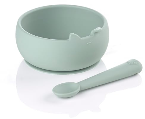 Jané Silikon Baby Schüssel mit Saugnapf und Löffel, BPA-frei, Mikrowellengeeignet, Baby Geschirr Set, Farbe Grün