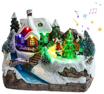 LSFYYDS Villaggio di Natale Al Coperto Villaggio di Natale Musicale con Luci Colorate e Musica Natalizia Decorazione per Casa Vacanza Alimentata a Batteria (Stile albero di Natale)