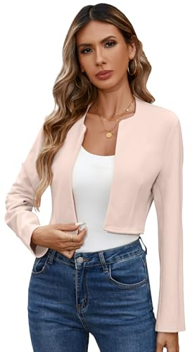 KOJOOIN Damen Bolero Kurze Strickjacke Elegant Langarm Festlich Schulterjacke Beige S