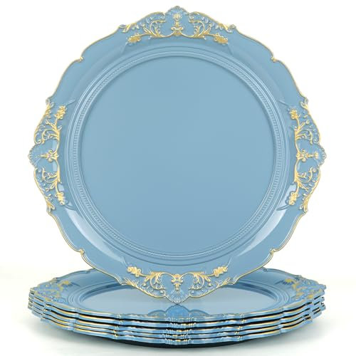 YXZHUOYU Antique Charger Plates, Set of 6 Plastic Embossed, Blue Charger Plate, 13 Inch, Elegant Charger Plates, Plate Set, Decorative Chargers for Dinner Plates