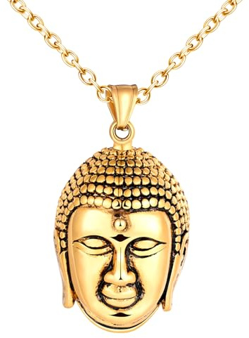 INFINIONLY Herren Edelstahl Halskette, Religion Buddha Ketten, Vintage Buddha Kopf Anhänger mit 55cm Kette, Glaube Schmuck Dekoration