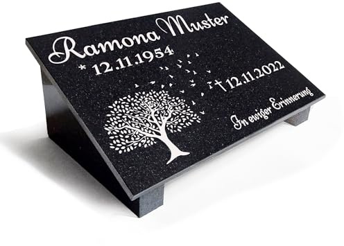 Granit Grabstein Grabplatte Urnengrabstein Gedenktafel Urnenliegestein Gravur + mit Stützen Motiv Baum Y17 (40x30cm mit Stützen)
