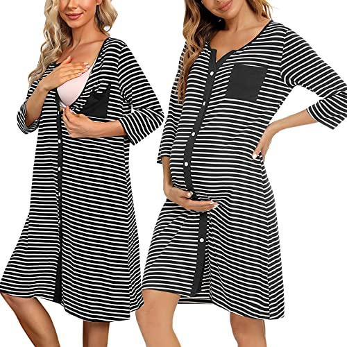 Marvmys moderskap nattlinne för sjukhus amning nattkläder 3/4 längd ärmar amning nattlinne button-down sovskjorta v-hals pyjamas mjuka myskläder för gravida kvinnor, A-svart, M