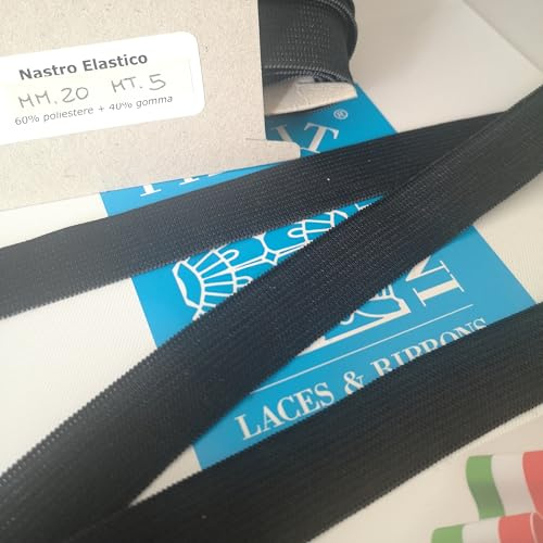 PIZZITALIANI Cinta elástica para costura negro - Altura 20 mm, paquete de 5 m, plana y suave, banda elástica para sastre, goma elástica, accesorios de costura