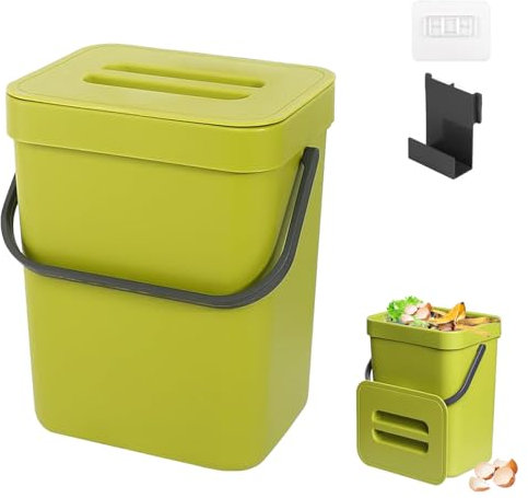 Cnwinu Mülleimer Küche,Kleiner Komposteimer für die Küche,Mülleimer für Arbeitsplatte mit Deckel,Geruchsdicht Aufhängbar Abfalleimer,Windeleimer,Komposter,für den Bad/Küchen/Büro (Grün 3L)