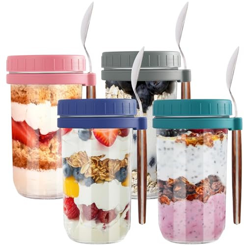 Aevcvok 4 Overnight Oats Jar, 600ml Pot Overnight Oat Verre, Bocal en Verre avec Couvercle et Cuillère, Bocaux Overnight Oats, Meal Prep Containers Verre pour Yaourts, Puddings, Salade