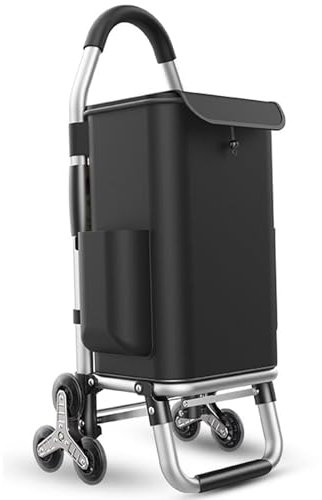 Treppensteiger-Einkaufstrolley mit 6 geräuschlosen Rädern, leicht und wasserdicht, abnehmbarer Treppensteiger, Schwarz